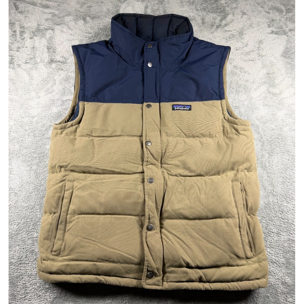 Patagonia Slingshot Down Vest Men's M 27571 Tan Navy Goose Down Puffer